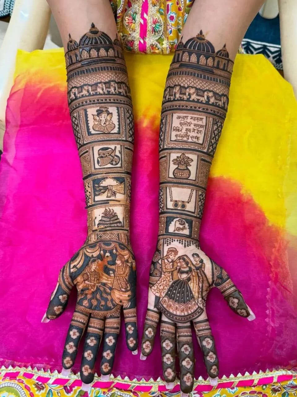 Traditional bridal mehndi with Ganesha panels, shlok and wedding ritual scenes
