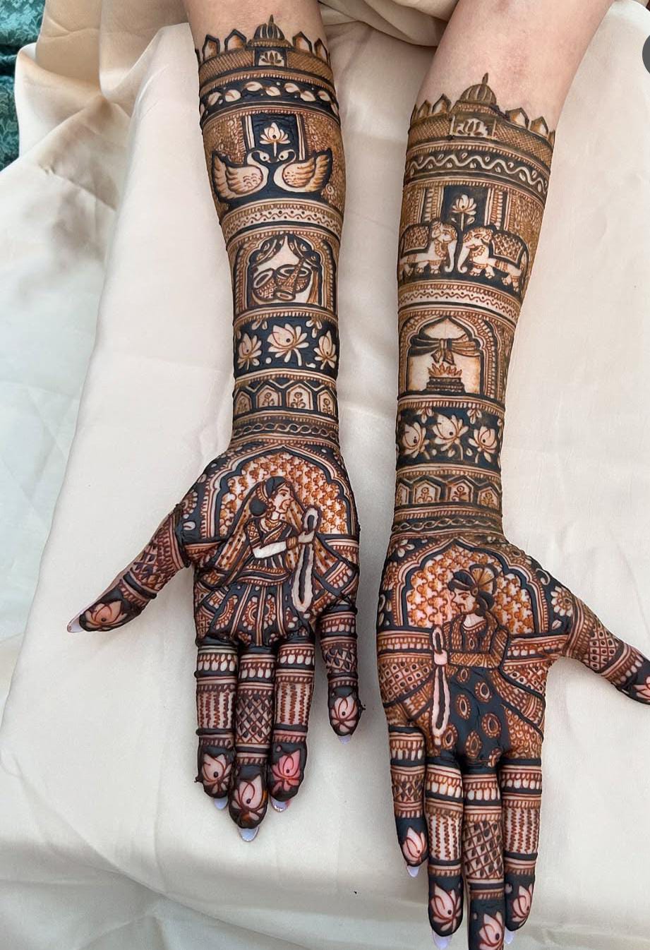 Rajasthani bridal mehndi with temple domes, peacocks and dulha dulhan portraits