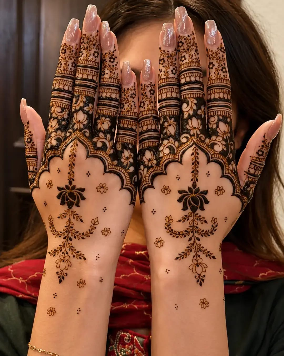 Delicate lotus and vine henna design on both hands