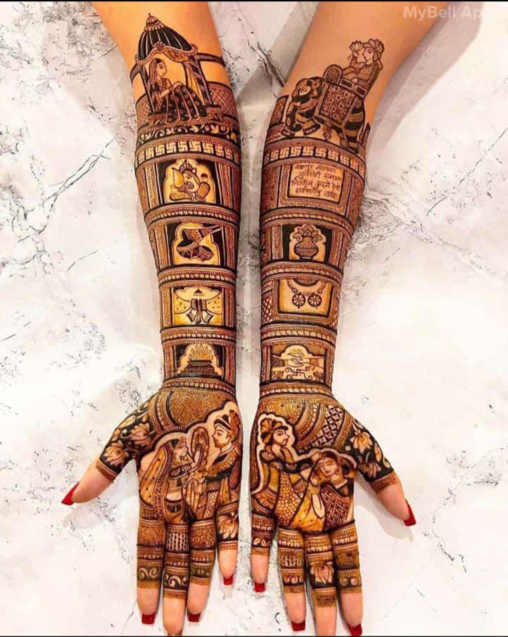 Bridal mehndi with doli, baraat elephant and wedding ritual panels