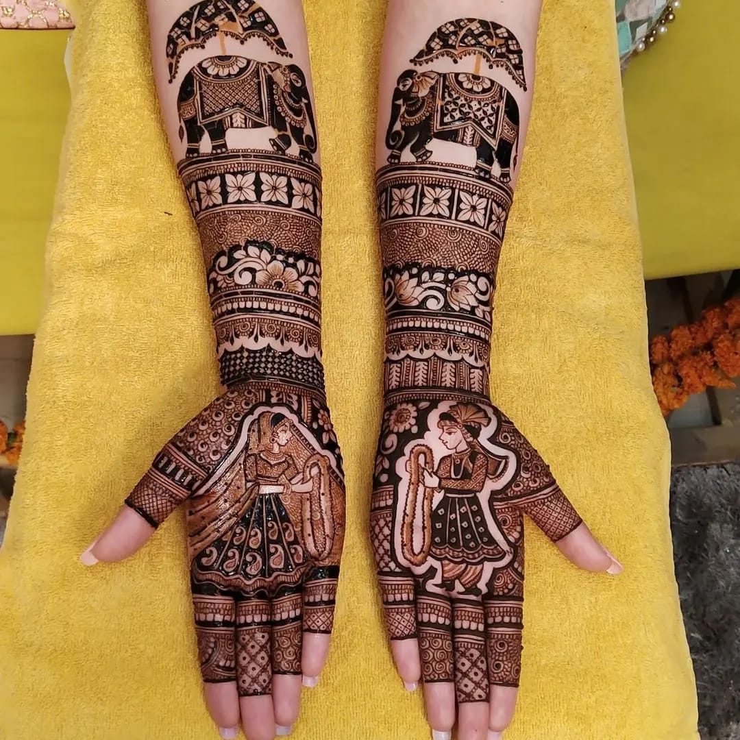 Bridal mehndi with royal elephants and varmala couple on both hands